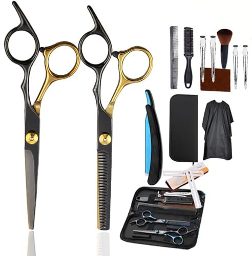 HEYOUTH Friseurschere,Haarschneideschere,Effilierschere,14 Pcs Sechs Zoll Professionelle Haarschere Set,2Extra Scharfe Haarschneideschere,mit Kamm und Clips,Friseurumhang für Männer,Frauen und Kinder