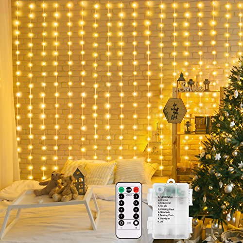 DBFAIRY 2x2M Lichtervorhang innen, 200 LED Lichterketten Vorhang mit 8 Modi Fernbedienung Timer, Batterie Lichterkette Vorhang Wasserfest für Party Hochzeit Innen und außen Deko (Warmweiß)