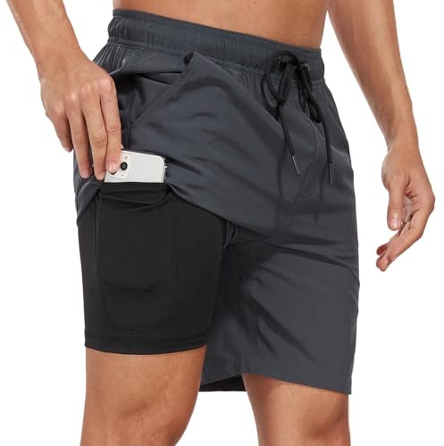 AUFIKR Badbyxor för män, dubbelskikts strandshorts med kompressionsfoder, 2 i 1 brädshorts med fickor, surfning, sport, surfbrädshorts, Grå, M