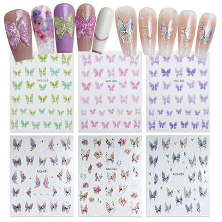 6 Feuilles Papillons Nail Art Ongles Stickers Ongles, 5D Auto-adhésif Nail Art Fleurs Autocollant Décalcomanies Set, pour Décoration Nail Bricolage