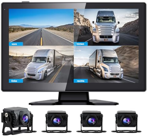 AWESAFE Rückfahrkamera für LKW Bus Wohnmobil mit 10.1 Zoll Display, 4 Kameras Dashcam DVR Nachtsicht, 4 Geteilte Monitor, SD-Karten Unterstützung, Wasserdicht, Videoaufnahme