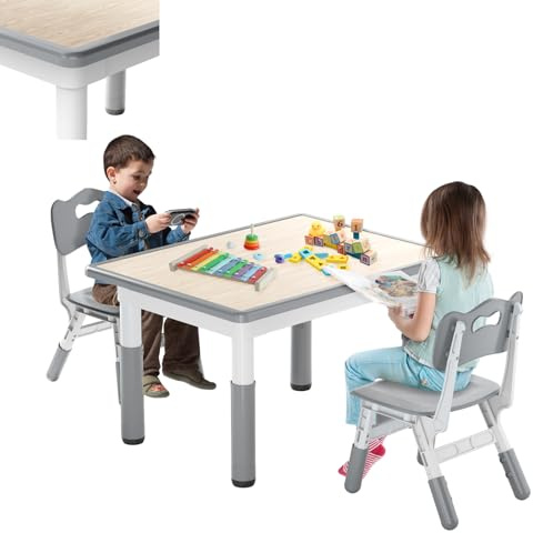 LARS360 Set da Tavolo per Bambini con 2 Sedie Regolabili, Set Tavolo Bambini in HDPE&ABS, Mobili Multifunzionali per Bambini a partire da 2 anni, Colore Grigio