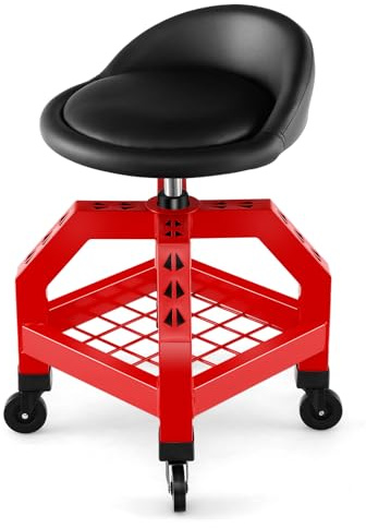 COSTWAY Tabouret d'Atelier Roulant Réglable en Hauteur 66,6-79,5 cm, Siège de Mécanicien avec Plateau à Outils 4 Roues Universelles Charge 150 kg, pour Garage Atelier (Rouge)