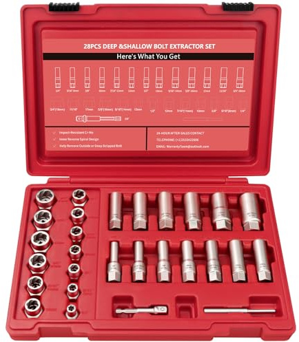 28Pcs Deep Bolt Extractor Set, with 3/8 Drive, Ez Out Broken Bolt Remover Kit, Spark Plug Extractor Socket Set, Easy Out Stripped Lug Nut Removal Tool for Removing Rounded, Rusted Bolts, Nuts (Red)