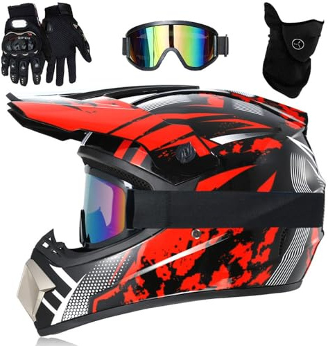 Casque IntéGral VTT/Cross, Casque de Moto Tout-Terrain DOT Pour Jeunes Enfants, Avec Lunettes, Gants Et Masque, Casque de Descente, Bmx, Quad, Dirt Bike(Dark red,S(52-53cm))