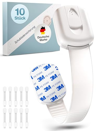 ADLERSFELD® 10x Kindersicherung Schrank - (Mit 3M Kleber) Schranksicherung Baby - Längenverstellbare Schubladensicherung Baby für Schränke, Kühlschrank, Tür - Kindersicherung Schubladen Kinder