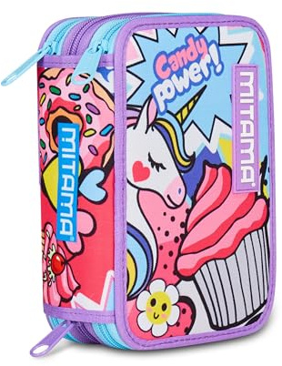 MITAMA Skolväska 3 fack, TRIPLO DAISYPOP, Innehåll 47 st, komplett med pennor, markörer, pennhållare, grundskola för flickor, Fuchsia, Modern