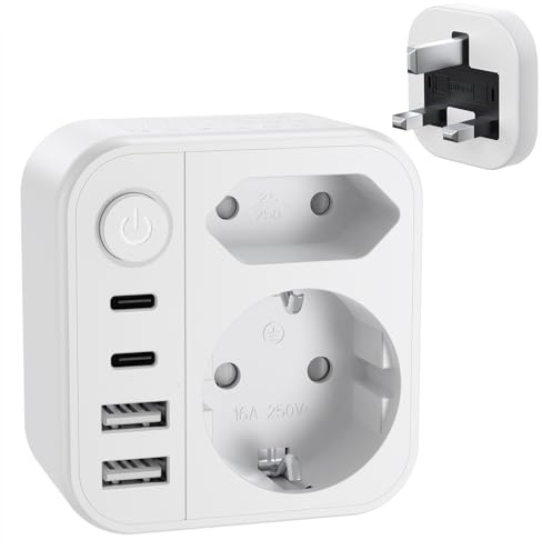 UK 6-i-1 reseadapter med strömbrytare, 2 USB-C och 2 USB (3,4 A) - resekontakt typ G, UK-till-EU-kontaktadapter för kontakter i Irland, Dubai, Maldiverna etc