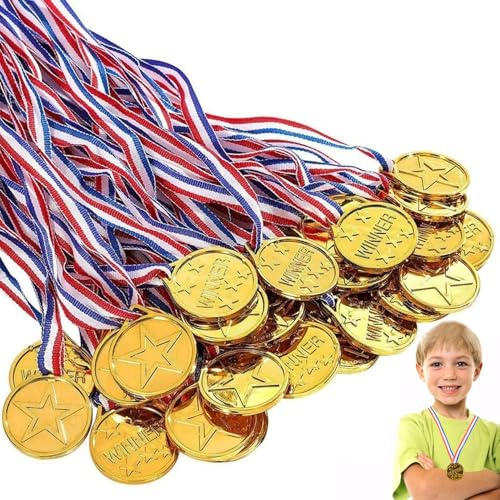 Toumett 30 Pcs Medals for Children,Kids Gold Plastic Winner Medals Award,with Neck Ribbons,Football Medals for Kids,Party Favours for Kids for School Sport Day Party Game Prizes