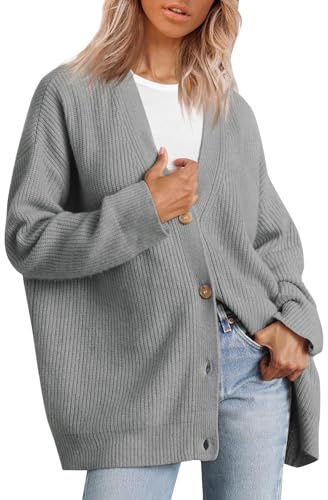 Cardigan Donna Lungo Invernale Cotone Abbigliamento Donna Autunno Casual Maglieria Elegante Comoda Taglie Forti Golfino Girocollo a Maniche Lunghe Maglia Oversize con Bottoni(Grigio Chiaro,3XL)
