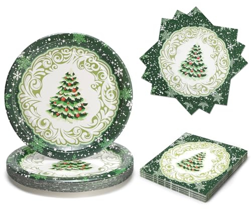 PARTY GO 50 Pezzi Piatti Natalizi di Carta e Tovaglioli Usa e Getta Motivo Albero Verde, Stoviglie Monouso per Feste Servizio da 25 Persone