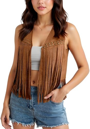 Maeau - Gilet Daim Frangé Sans Manches pour Femme Look Boho Chic Années 70 Veste Rétro M Marron