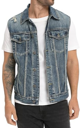 CoXuantion Gilet homme Denim Déchiré Rétro Cowboy Veste Décontractée Sans Manches Jean Veste de Moto Courte Denim Revers Vintage Gilet