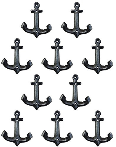 Facaler Nautical Cast Iron Ship Anchor Weathered Nautical Wall Hooks Coat Hook, Screws Included (10 PCS)
