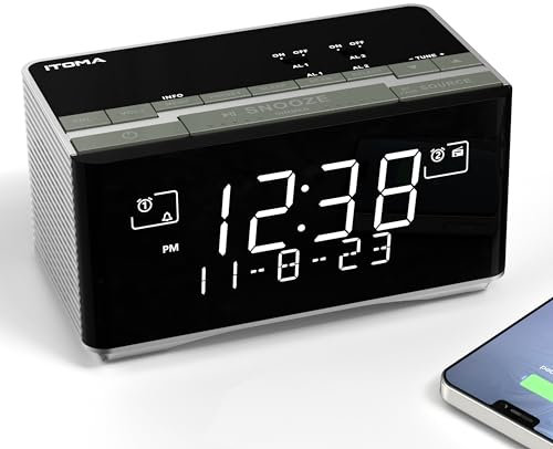 iTOMA FM/DAB(DAB+, UKW, Uhrenradio), Radiowecker mit USB-Ladeanschluss, Bluetooth Stereo Lautsprecher, Kopfhörerbuchse, Dual Alarm, Snooze, Dimmbare LCD-Anzeige 3501