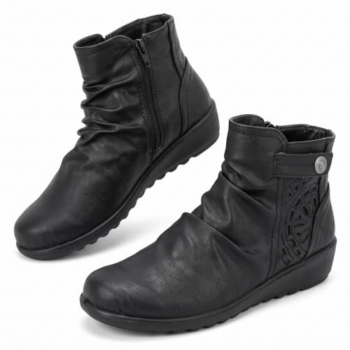 Cushion Walk Ankle Boots for Women, Wedge Heel, Zip, Black Size 6 E UK