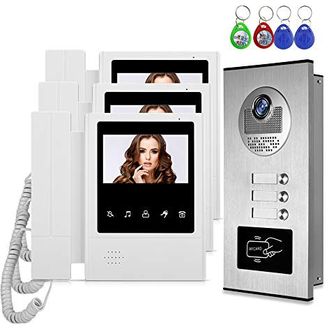 HFeng 4,3 '' Caméra vidéo RFID pour système d'interphone de Porte vidéo + 3 moniteurs + pour 3 Appartements/familles, Night Vision, 2 Way Audio, RFID Card Unlock