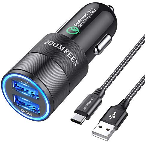 JOOMFEEN Chargeur de Voiture USB C,Qualcomm Quick Charge 3.0+2.4A 30W 2 Ports USB Chargeur Allume Cigare avec 3ft Câble Type C pour Samsung Galaxy S10E/S9/S8/Note 8,LG G6,OnePlus 5,Huawei P20/P10