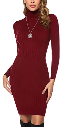 Irevial Vestido de Punto Elegante Mujer Vestido Suéter Cuello Alto Casual Vestido de Invierno Manga Larga Ajustado Jersey Largo Rojo Vino, S