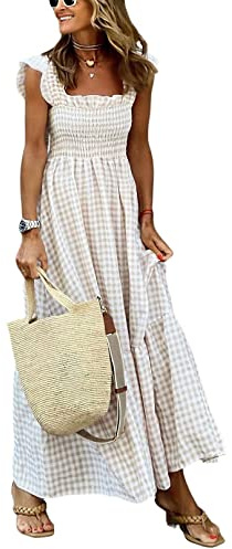 chouyatou Women's Retro Plaid Smocked Dress Spaghetti Strap Flounce Long Dress (X-Small, Khaki)