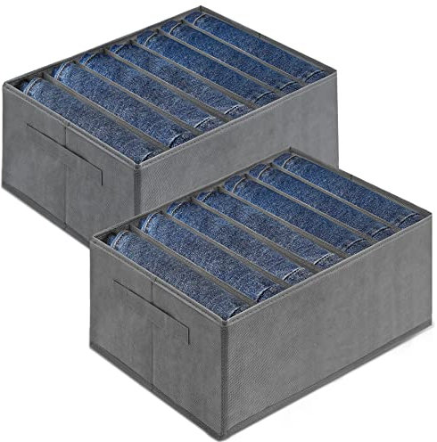 Benxdara Wardrobe Storage Organiser - Large Capacity Closet Drawer Dividers with Handle, 2PCS Foldable Jeans Storage Organiser Box for Trousers, Leggings, 7 Grids