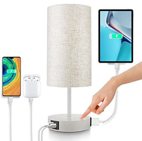 Wondlumi Lámparas Táctiles de Mesilla Puertos de Carga USB, Regulación de Intensidad de 3 Niveles, Diseño Moderno con Pantalla de Tela Blanca. Bombillas Incluidas.