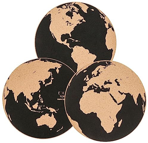 EXERZ Bacheca Mappamondo 30cm Confezione da 3 Pezzi, Bacheca Appunti in Sughero Montaggio Adesivo Non Residuo, Fissabile