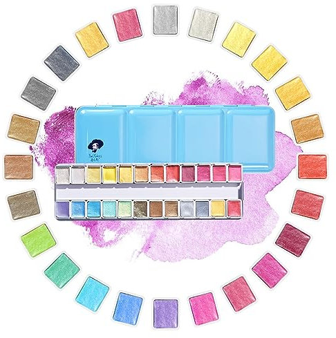 Paul Rubens Professionelles Metallic-Aquarellfarben-Set, Perlmuttfarbe, tragbares Metallgehäuse mit Palette, Set mit 24 halben Näpfchen, Künstlerbedarf für Künstler, Anfänger, Hobbyisten, Studenten
