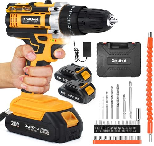 Cordless Drill Driver 20V with 2 Batteries 2.0 Ah, Electric Screwdriver Set 25+3 Clutch, Handheld Cordless Hammer Drill, 29 Pcs Drills Bits, LED Light for Home and Garden DIY Project (Yellow)