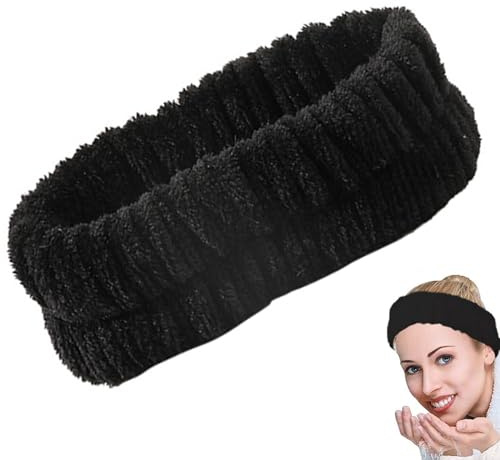 Sugeru Bandeau Maquillage, Bandeau Maquillage Cheveux Femme, Bandes de Poignet Faciales en Flanelle pour Femme, ÉLastique Bandeaus Soin Visage pour Lavage du Visage (Noir, L)