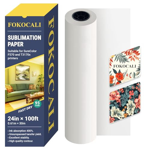 FOKOCALI 95gsm 24in x 100ft Dye Sublimation Paper for SureColor F570 Printer, Fast Dry Dye-Sublimation Paper Roll 2 Core