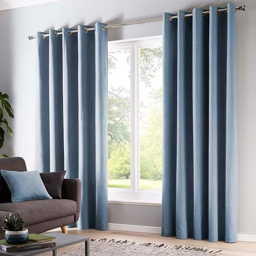 Fusion Sorbonne Light Blue Eyelet Curtains W46 x L90 (117 x 229cm) – 2 Panels – 100% Cotton – Thermal Drapes & Window Treatment – Sky Blue Curtains for Bedroom or Living Room