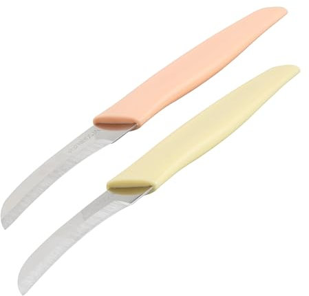 Fackelmann Coltello frutta e verdura ricurvo per sbucciare pelare, lama in acciaio inox, manico in plastica, lunghezza 17 cm, colori giallo e pompelmo