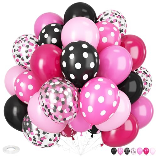 Pink and Black Balloons, 12 Inch Hot Pink Black Balloons Pink White Dots Black White Dots Balloon Pink Confetti Balloon for Girls Birthday Baby Shower Cartoon Theme Birthday Decorations