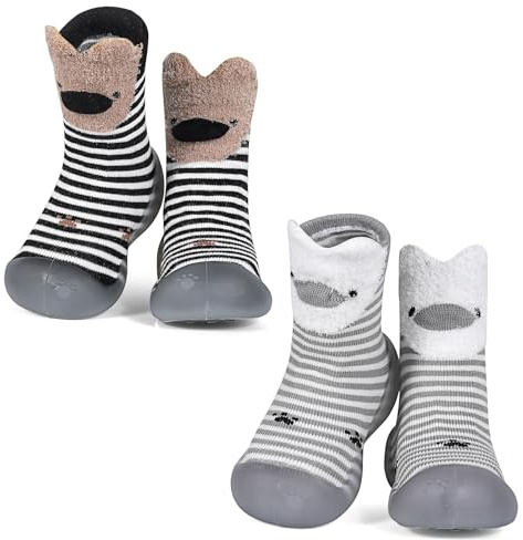 MK MATT KEELY 2 Pairs Baby Shoes Toddlers Sock Shoes Baby Boys Girls Soft Pre Walkers with Anti Slip Rubber Sole,Grey Stripe+Black Stripe,3-6 Months