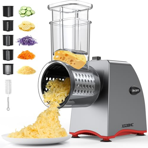 Rallador eléctrico de queso, mejorado, para ensaladas con 5 cuchillas de acero inoxidable reemplazables, trituradora de queso eléctrica de 250 W, cortador de verduras con control de un solo toque