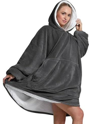 Oversized Wearable Hoodie Blanket Ultra Soft Sherpa Fleece Oodies Reversible Warm & Cozy Giant Hooded Blanket Sweatshirt Large Front Pocket - Gift One Size Fits For All (Solid Color, Dark Grey)