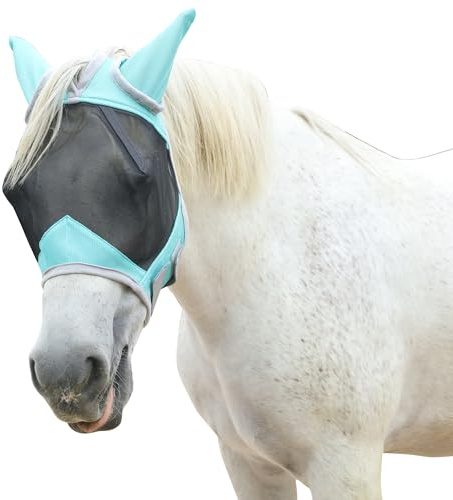 Leberna Horse Fly Mask with Ears(Turquoise, Cob) | UV Protection Mesh Fly Mask for Horses Large 3D Eye Space with Soft Fleece Trim Adjustable Straps