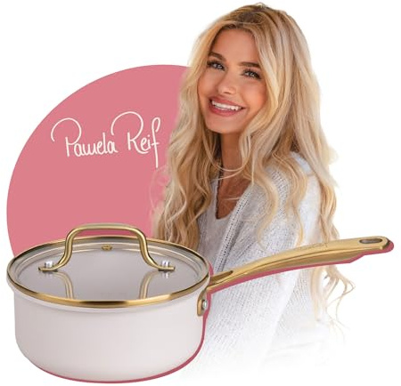 Fackelmann x Pamela Reif Kochtopf mit Stiel Ø 16 cm – gepresstes Aluminium, pastell-beige, 1200 ml, inkl. Glasdeckel, hitzebeständig bis 160°C, PFAS-frei, Für Gas-, Ceran- und Elektroherde