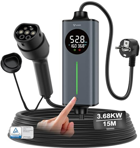 GONEO cargador coche electrico tipo 2 schuko 16A 3,68kw monofásico 15M | AC 30mA+DC 6mA Protección | sensor de temperatura y tierra detección | tiempo y corriente ajustables,estación de carga portátil