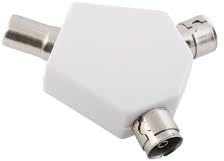 BAANI Adaptador divisor de antena de TV, conector en Y de cable coaxial de 2 vías, color blanco, 1 macho a 2 salidas hembra, divisor coaxial de antena de TV de 2 vías, adaptador coaxial compatible con