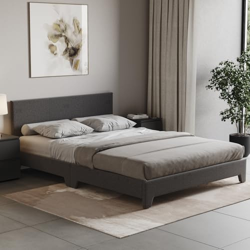 Vida Designs Victoria Double Bed Frame | Dark Grey Linen | 77 H x 142 W x 197 D cm | Upholstered Fabric | Cushion Headboard | Easy Assembly | Slat Support | Premium Bedroom Furniture