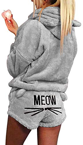 2pcs Women Cat Pajamas Cute Girls Sleepwear Soft Bathrobe Shorts Winter Lounge Sleepwear Sets (Color : Gray, Size : XL)