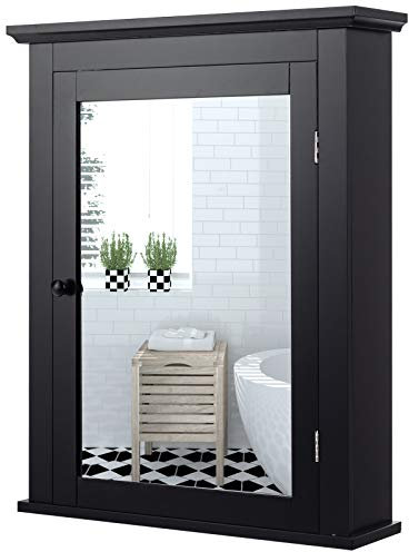 GIANTEX Badezimmer Spiegelschrank, Badezimmerschrank Hängeschrank mit Spiegel, Badschrank Wandschrank Schminkschrank Badezimmerspiegel, mit höhenverstellbarer Regalebene, 56 x 15 x 69 cm (schwarz)