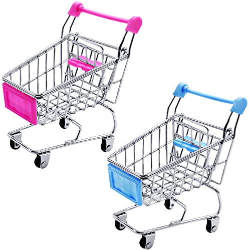 Mini Shopping Trolley, Yeelua 2 Pcs Mini Trolley, Miniature Shopping Cart Trolley Desk Tidy Storage for Kids, Make Up Holder Rack Storage Stainless Metal Racking for Decoration (Rose & Blue)