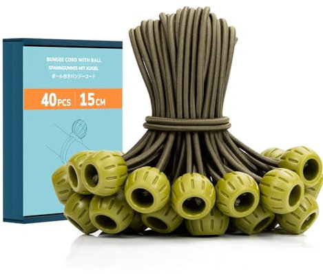 Abma Cord Elastici con Sfera 40 Pezzi x 15cm Corda Elastica per Teloni Corde Elastiche con Sfera Cavo Elastico Tenditore Elastico Elastici Fissaggio - Verde Militare
