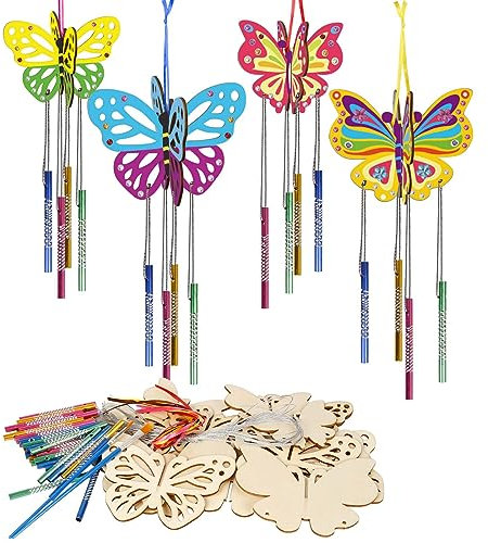 WEDNOK 8 Stück 3D Schmetterling Windspiel Bastelset Kinder Butterfly Basteln Holz Schmetterlingdeko Bastelhandwerk Klangspiele Kreativsets für Mädchen Junge Kindergeburtstag