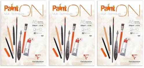 Clairefontaine 96538C Bloc Collé PaintON Multi-techniques - 40 Feuilles Papier Dessin Multi-techniques au Grain Très Léger - Blanc - A5 14,8x21 cm 250g (Lot de 3)