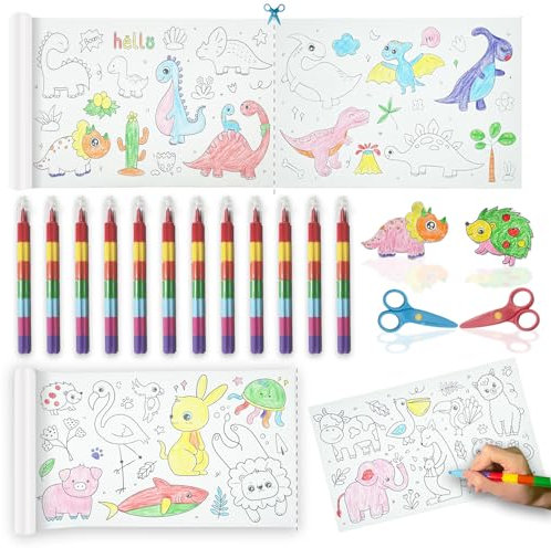 ICEPAPA, 2 Malrolle für kinder mit 12 Wachsmalstifte Stapelbar und 2 Kinderscheren, perfekt für DIY-Malaktivitäten in der Klasse, Kindergeburtstag Gastgeschenke und Mitgebsel Papierrolle Malen Kinder