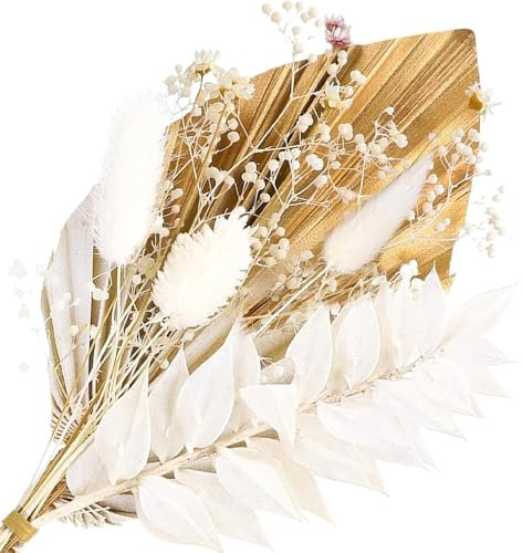 Lagarus Bunny Tails and Ruscus - Dried Flowers, Gold Palm Leaves Cake Topper, Flower Cake Decorations With Palm Spear